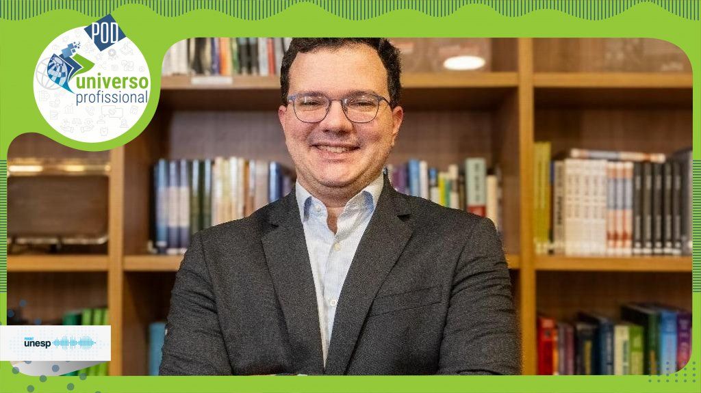 Capa do podcast Egresso do curso de Administração de Empresas destaca pontos das suas atividades e a relevância da Unesp na sua trajetória pessoal e profissional